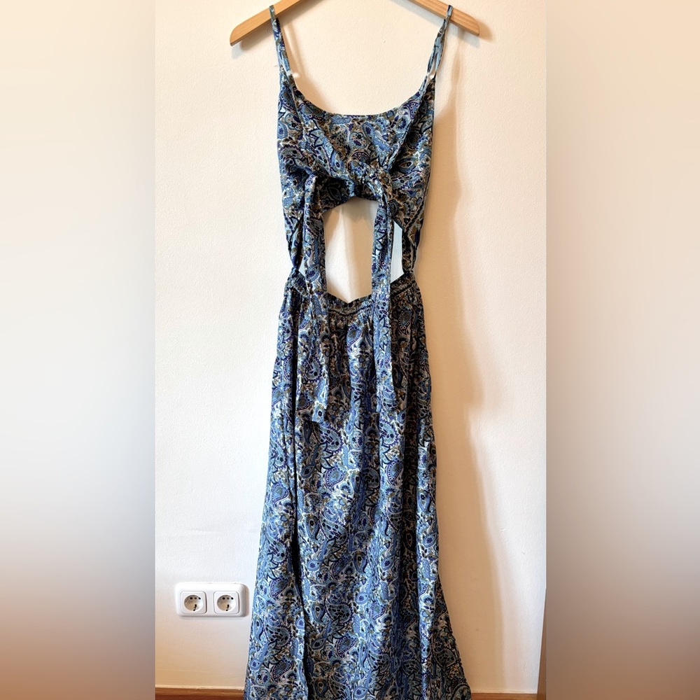 Boho Hippie Tie Front Cutout Maxi Dress Blue M